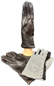 Nordstrom Brown Leather Gloves Size 9 & GreyBlack Knit-Lined Gloves Size L (Lot of 2)
