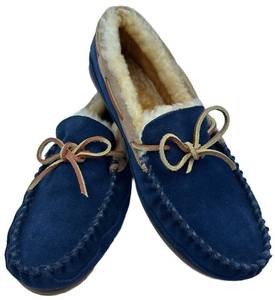LL Bean Mens Shearling Moccasin Slippers - Navy Suede, Size 11 Medium