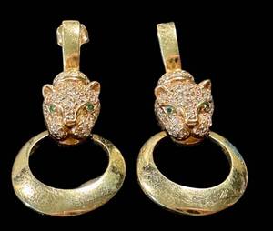 Vintage 14K Gold Panther Door Knocker Earrings with Diamond Accents & Emerald Eyes