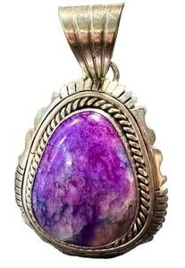 Sterling Charoit Purple Cabochon Pendant - Rope Border, Marked Francis