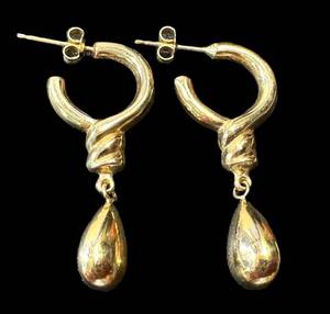 Pair of 14K Gold Drop Earrings, Teardrops on Twisted Hoops