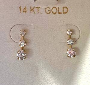 14K Gold Cubic Zirconia Drop Earrings - 3-Stone Dangle Pair