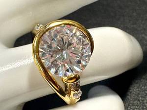 Lab Created Diamond Ring Size 7 in Gold Tone Sterling Silver Setting with Side Stones