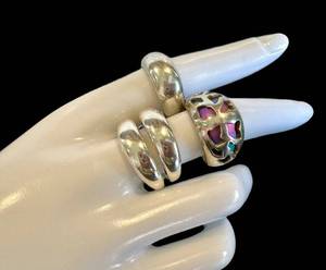 Sterling Silver Rings (Lot of 3) - Enamel Openwork Ring & Stacking Bands (Sizes 8.5, 9, 10)