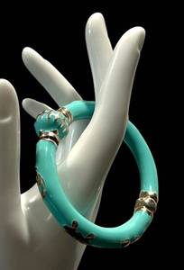 Arte DArgento Sterling Silver Inlay Turquoise Enamel Hinged Cuff Bracelet