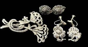 Vintage Marcasite Filigree Brooch & Sterling-Stamped Earrings Set (2 Pairs)