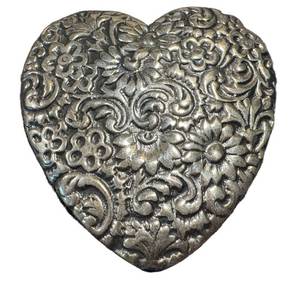 Unmarked Embossed Heart Brooch with Floral Scrollwork - 2.2 Inches