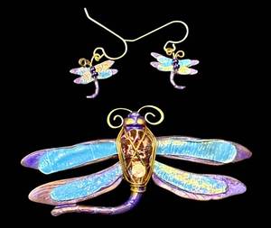 Dragonfly Brooch & Earrings Set - Gold Tone Enamel Wings with Purple Beads