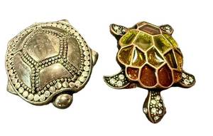 Two Turtle Brooches - Silver-Tone Rhinestone Turtle Pin & Multicolor Enamel Turtle Pin