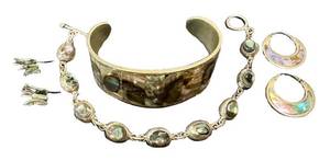 Abalone Shell Jewelry Lot - Cuff Bracelet Abalone Inlaid Bracelet & 2 Pairs of Earrings (Lot of 4)