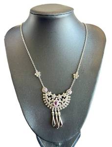 Sterling Silver Marcasite Necklace with Pink Gemstone Pendant - Adjustable 18-20 Inches
