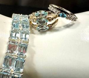 Sterling Silver Aquamarine Bracelet, Two Rings & Earrings (Lot of 4)