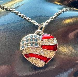 American Flag Heart Pendant Necklace with Crystals - Two Pendants