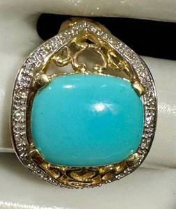 14K Gold Turquoise Ring with Diamond Accent - Size 7.25