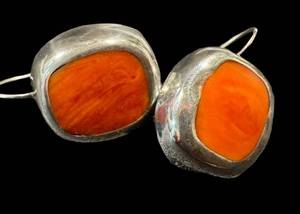 Sterling Silver Earrings with Orange-Red Spiny Oyster Cabochons (Pair)