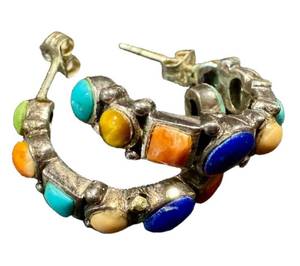 Sterling Silver Multi-Stone Hoop Earrings - Coral, Lapis & Turquoise, 1-Inch