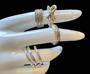 Sterling Silver Ring Lot (Lot of 6) - Bow Ring, Engraved Band & Stacking Rings