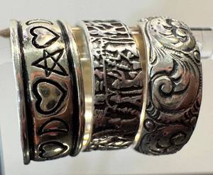 Sterling Silver Rings (Lot of 3) Hearts, Geometric and Ornate Scrollwork - Sizes 7.25-8.5