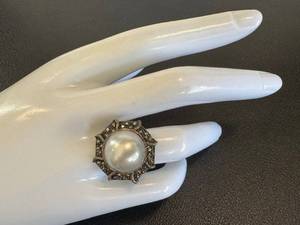 Sterling Silver Marcasite Faux Pearl Ring - Size 7