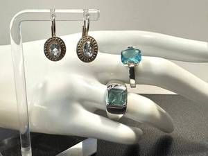 Aquamarine Rings (2) & Earrings in Sterling Silver - Ring Sizes 8 and 8.25 (Lot of 3)