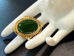 Vintage 14K Gold Green Chalcedony Brooch - Oval Cabochon, Floral Bezel