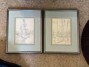 Pair Signed 1985 Framed Pencil Landscape Drawings Woodland Scenes