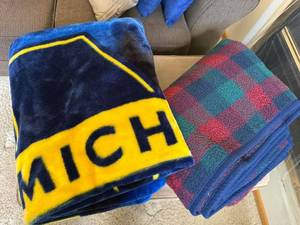 University of Michigan Fleece Blanket Throw Lot of 2 Plaid Blue Yellow