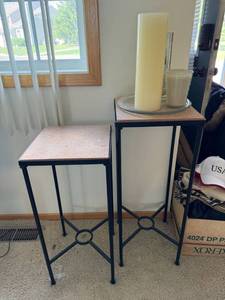 Set of 2 Metal Plant Stands Pedestal Accent Tables Stone Look Tops