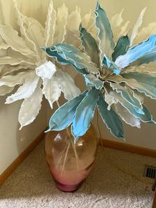 Large Faux Leaf Floor Arrangement in Pink Glass Vase Blue Cream Decor