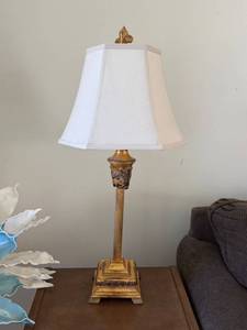 Pair Gold Tone Neoclassical Table Lamps w White Shades Good