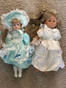Vintage Doll Lot Porcelain Style Blue Dress & Sleepy Eye Doll 17in