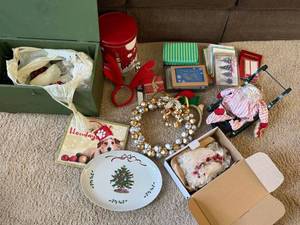 Mixed Christmas Decor Lot Bells Wreath Santa Sled Cards Platter