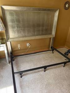 Silver Upholstered Queen Headboard With Metal Bed Frame Glam Style