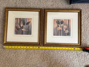Pair Framed Botanical Wall Art Prints Gold Tone Frames 13x13