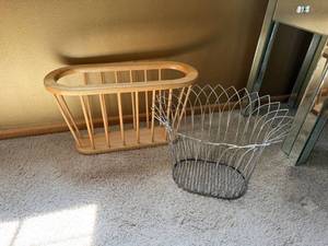 Magazine Rack Basket Lot Wood Slatted Holder & Metal Wire Floor Basket