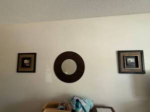 3 Pc Contemporary Wall Decor Set Framed Abstract Art & Round Mirror