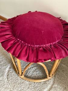 Vintage Rattan Footstool Ottoman Burgundy Velvet Cushion Round