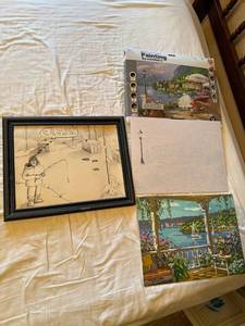 Paint by Numbers Art Lot w Framed Cartoon Drawing & Finished Canvas