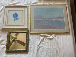 Framed Wall Decor Lot of 3 Prints & Ornate Mirror Assorted Sizes