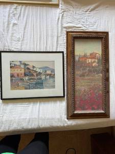 Framed Wall Art Lot Harbor Print & Floral Landscape Painting Decor