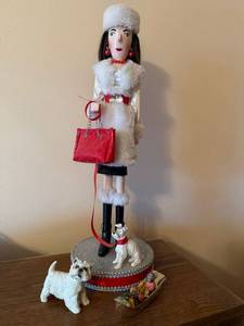 Handcrafted Winter Lady Figurine w Dogs on Base 17in Holiday Decor