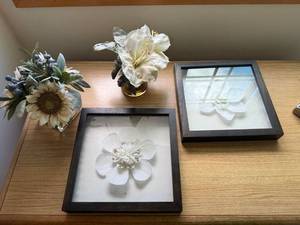 Set of 2 Framed Floral Shadow Box Wall Art White Flowers Wood Frames