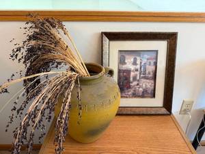 Decorative Pottery Urn Vase & Framed Wall Art Print Set 16x13