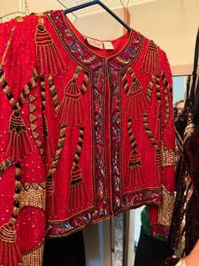 Laurence Kazar Beaded Silk Evening Jacket Red Sequin Vintage L