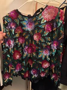 Lawrence Kazar Silk Sequin Floral Evening Top Blouse Size L Vintage