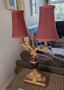Ornate Two-Light Table Lamp With Red Glass Accent