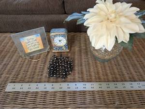 Linden Quartz Clock, Floral Vase, Framed Quote & Beaded Decor (Lot of 4)