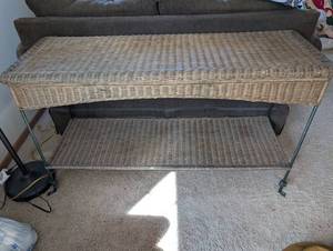 Wicker-Topped Two-Tier Metal Shelf