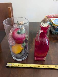 Decorative Glass Fruit Vase and Red Cruet Set (Lot of 2)