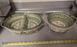 Pair of Ceramic Serving Bowls With Lids & Baskets